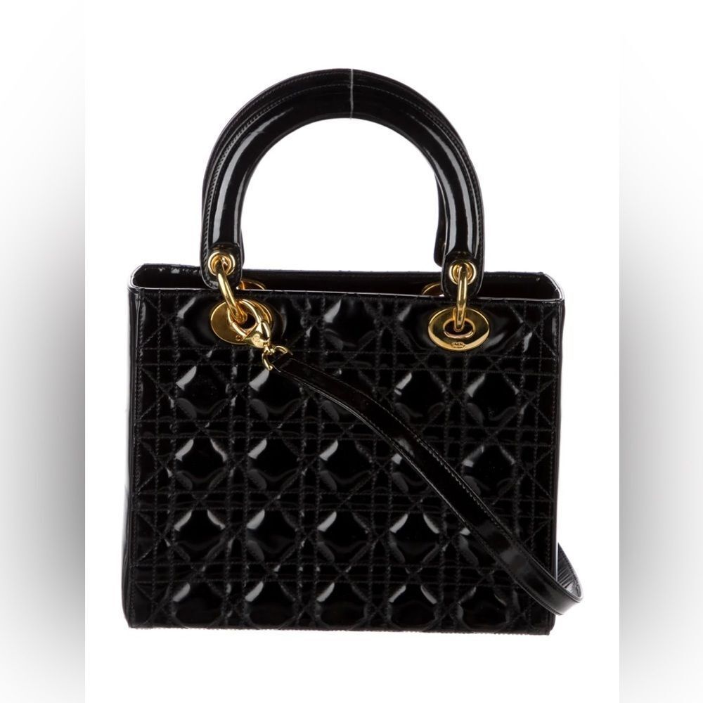 Christian Dior Vintage Medium Lady Dior Black Patent Cannage Bag Gold Hardware - Picture 3 of 14